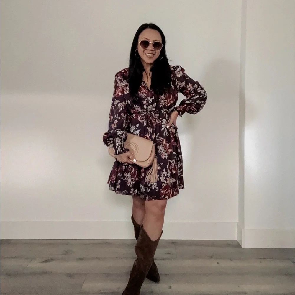 Brown Floral Print Long Sleeves Dress (S) - Picture 3 of 3